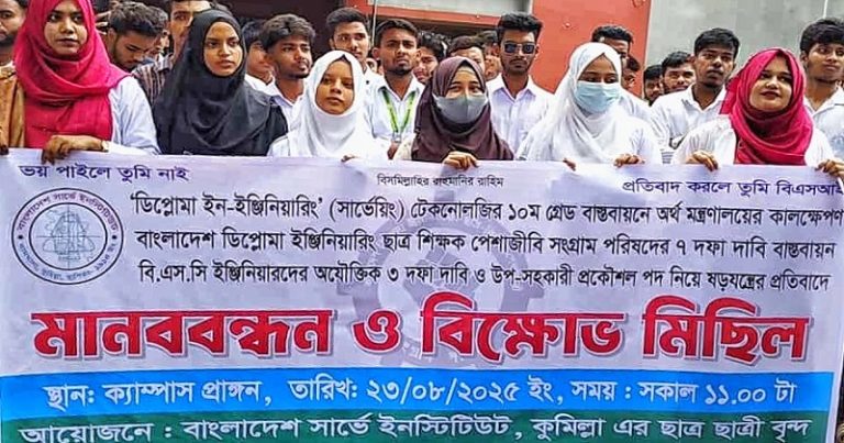 সার্ভে ইন্সস্টিটিউট শিক্ষার্থীদের মানববন্ধন ও বিক্ষোভ: ১০ম গ্রেড বাস্তবায়নের দাবি 1 kk 1755936909
