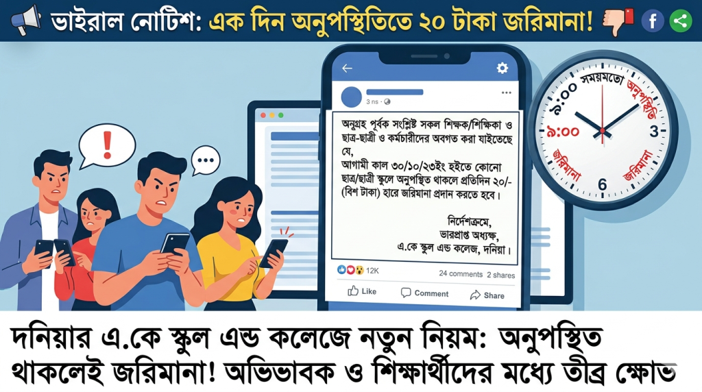 একদিন অনুপস্থিতি, জরিমানা ২০ টাকা: দনিয়ার এ.কে স্কুল অ্যান্ড কলেজে ‘ফি বাণিজ্যের’ অভিযোগ