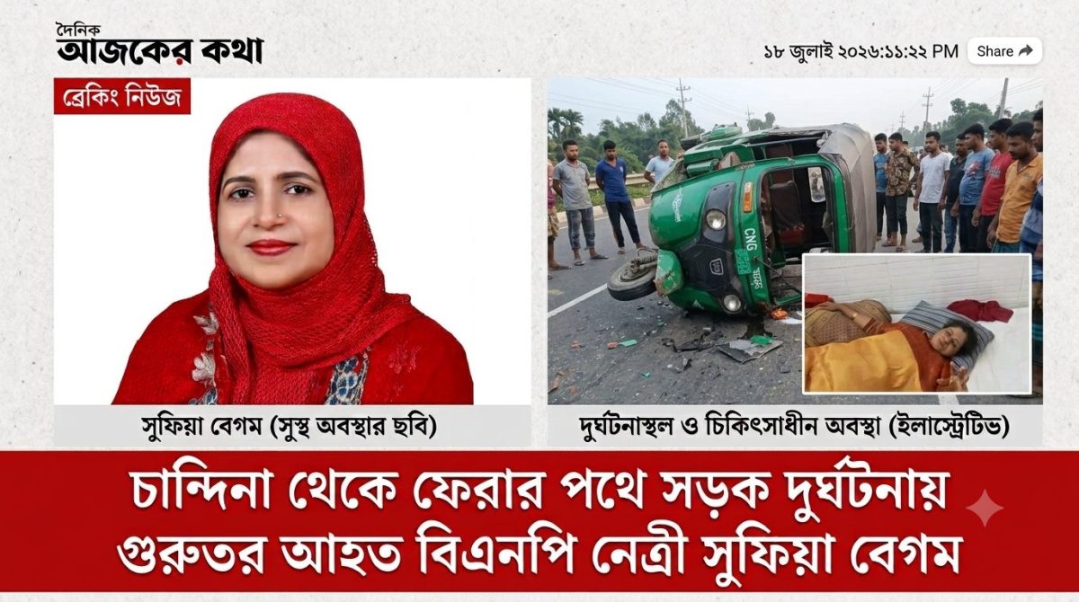 সড়ক দুর্ঘটনার পর আহত কুমিল্লা উত্তর জেলা বিএনপির যুগ্ম আহ্বায়ক সুফিয়া বেগম।
