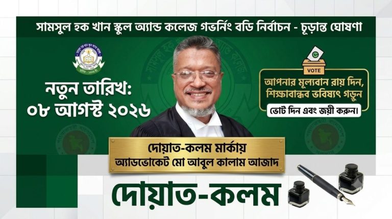 সামসুল হক খান স্কুল অ্যান্ড কলেজের গভর্নিং বডি নির্বাচনের নতুন তারিখ ঘোষণা: ‘দোয়াত-কলম’ প্রতীকে সরব অ্যাডভোকেট আবুল কালাম আজাদ 1 সামসুল হক খান স্কুল অ্যান্ড কলেজের গভর্নিং বডি নির্বাচনের নতুন তারিখ ঘোষণা: ‘দোয়াত-কলম’ প্রতীকে সরব অ্যাডভোকেট আবুল কালাম আজাদ