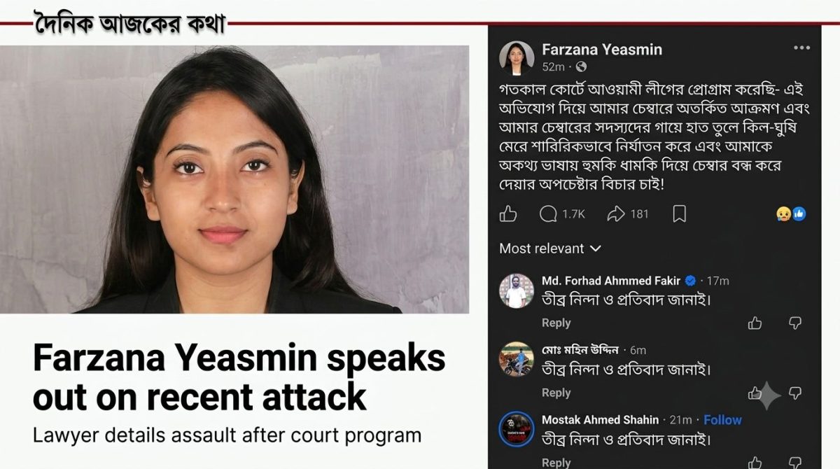 সুপ্রিম কোর্টের আইনজীবীর চেম্বারে ‘মব’ হামলা: সারা দেশে আইনজীবীদের ক্ষোভ, সামাজিক যোগাযোগমাধ্যমে প্রতিবাদের ঝড় 11 চরম নিরাপত্তাহীনতার শিকার হয়েছেন সুপ্রিম কোর্টের আইনজীবী ফারজানা ইয়াসমিন (Farzana Yeasmin)।