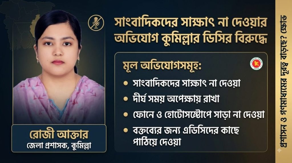 সাংবাদিক দেখলেই ‘এড়িয়ে যান’ কুমিল্লার ডিসি! বক্তব্য চাইলে পাঠান এডিসির কাছে, ফোনেও মেলে না সাড়া 1 কুমিল্লা জেলা প্রশাসকের কার্যালয়; সাংবাদিকদের সাক্ষাৎ ও বক্তব্য না দেওয়ার অভিযোগে জেলা প্রশাসক রোজী আক্তারকে ঘিরে ক্ষোভের সৃষ্টি হয়েছে।