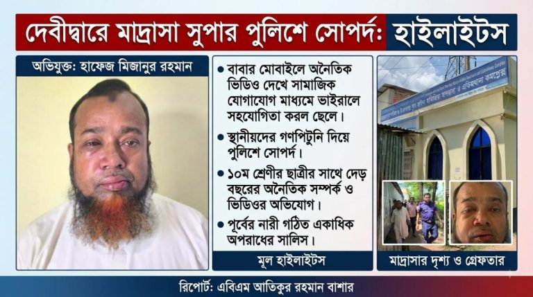 দশম শ্রেণির ছাত্রীর সঙ্গে অনৈতিক সম্পর্কের অভিযোগ: দেবীদ্বারে মাদ্রাসা সুপারকে গণপিটুনি, পুলিশে সোপর্দ 1 দেবীদ্বারে দশম শ্রেণির এক শিক্ষার্থীর সঙ্গে অনৈতিক কর্মকাণ্ডে জড়িত থাকার অভিযোগে স্থানীয়দের হাতে গণপিটুনির শিকার হোসেনপুর পশ্চিম ও উত্তরপাড়া নূরে মদিনা মাদ্রাসা ও এতিমখানা কমপ্লেক্সের সুপার ও স্থানীয় মসজিদের ইমাম হাফেজ মাওলানা মো. মিজানুর রহমান।