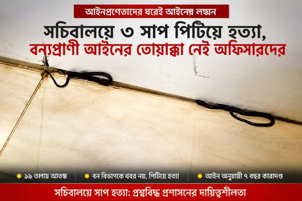 সচিবালয়েই সাপ হত্যা: আইন কি শুধু সাধারণ মানুষের জন্য? 1 যেখানে আইন তৈরির কারিগররা বসেন, সেখানেই আইনের তোয়াক্কা নেই—সচিবালয়ে ৩ সাপ পিটিয়ে হত্যা!