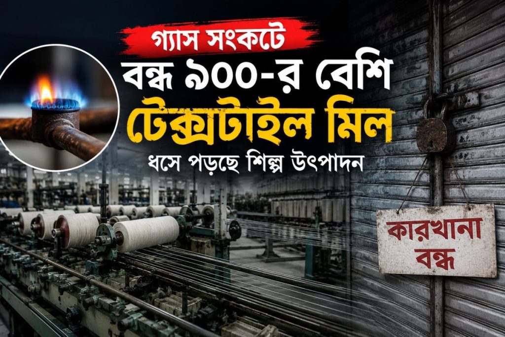 গ্যাস সংকটে বন্ধ ৯০০-এর বেশি টেক্সটাইল মিল, ধসে পড়ছে শিল্প উৎপাদন 1 তীব্র গ্যাস সংকটে দেশের বিভিন্ন শিল্পাঞ্চলে কমেছে উৎপাদন; বন্ধ হয়ে গেছে শত শত টেক্সটাইল মিল।