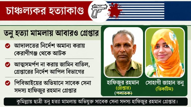 তনু হত্যা মামলায় আদালতের নির্দেশ অমান্য করে আত্মসমর্পণ না করায় কেরানীগঞ্জের নিজ বাসা থেকে পিবিআইয়ের হাতে পুনরায় গ্রেপ্তার সাবেক সেনাসদস্য হাফিজুর রহমান। ছবিতে হাফিজুর রহমান ও নিহত সোহাগী জাহান তনু। ছবি : দৈনিক আজকের কথা