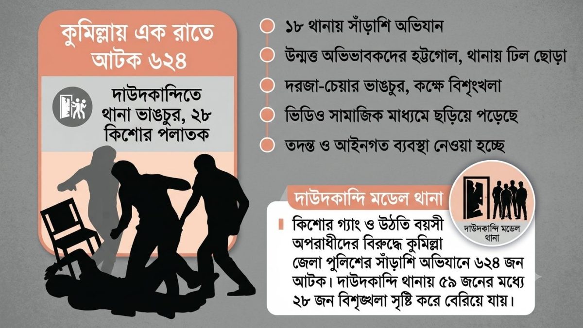 কুমিল্লায় এক রাতে আটক ৬২৪, দাউদকান্দিতে থানা ভাংচুর করে বেরিয়ে যায় ২৮ কিশোর