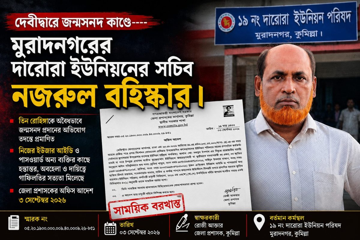 মুরাদনগরের দারোরা ইউনিয়নের সচিব নজরুল সাময়িক বরখাস্ত