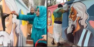 শিল্পকলার সামনে রবীন্দ্রনাথের গ্রাফিতিতে কালি লেপনের চেষ্টা, নারীসহ আটক ৪; ধুয়ে দিলেন সাধারণ মানুষ